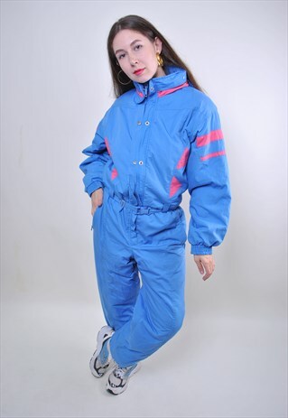 VINTAGE BLUE SKI SUIT, WOMAN ONE PIECE HOODED SNOWSUIT