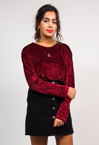 VINTAGE 90'S DARK RED RIBBED VELVET DIAMANTE TOP