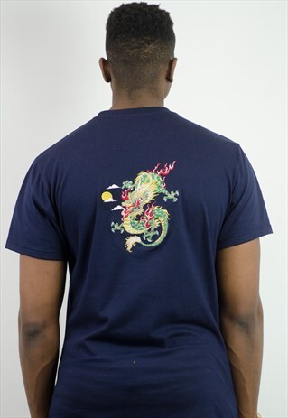 SOUVENIR BLUE T-SHIRT WITH EMBROIDERED DRAGON FRONT/BACK