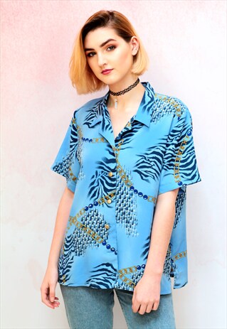1980S VINTAGE BLUE SHIRT WITH GOLD CHAIN PATTERN
