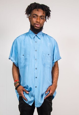 90'S VINTAGE BLUE SILK SHORT SLEEVE SHIRT