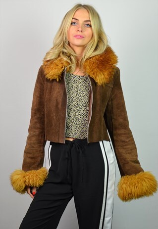 VINTAGE 70S DARK BROWN SUEDE & FAUX FUR COLLAR CROP JACKET
