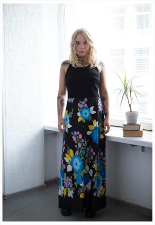 VINTAGE 70'S BLACK FLOWER PRINT MAXI DRESS