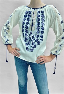 70's Vintage White Cotton Folk Hippy Blouse Blue Embroidery 
