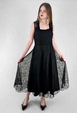 50's Vintage Antique Lace Sleeveless Black Midi Dress