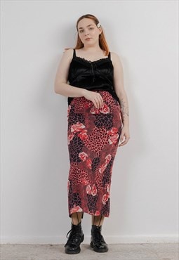 Vintage Y2k Red Animal&Floral Pattern Maxi Women Skirt M 