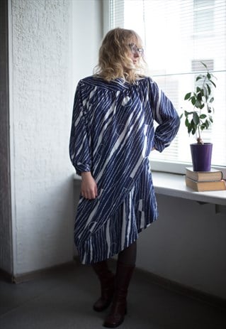 VINTAGE 80'S NAVY/WHITE PATTERNED MIDI DRESS