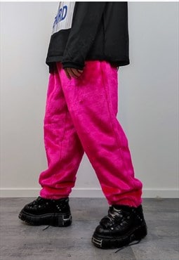 Neon faux fur joggers rave pants fluffy skiing trousers pink