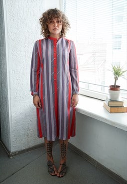 Vintage Grey/Red Striped Mini Long Sleeved Dress