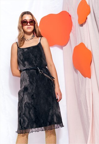 VINTAGE SLIP DRESS Y2K 90S MARBLE TIE DYE GREY FESTIVAL MIDI