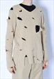 Y2K Reworked Beige Ribbed Distressed Grunge V-Neck Jumper