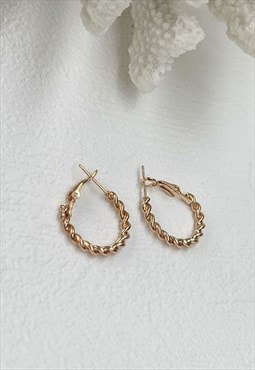 Gold Basic Textured Twisted Hoop Round Everyday Earrings