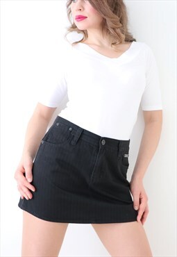 90s Vintage Black Denim Mini Skirt Pinstriped Preppy Grunge