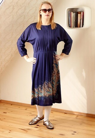 ROYAL BLUE AND BROWN LEAVES DETAIL DRESS