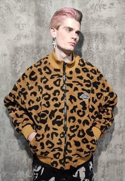 Leopard fleece jacket faux fur bear bomber animal coat brown