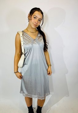 Vintage Size L Lace Negligee Slip Dress in Silver