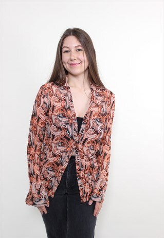 90S PAISLEY BLOUSE, VINTAGE SHEER PRINTED BLOUSE IN BROWN
