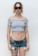 VINTAGE Y2K RUCHED OFF THE SHOULDER CROP TOP IN BABY BLUE