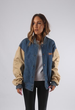 VINTAGE VARSITY DENIM BOMBER JACKET OVERSIZED UK 16 (72G)
