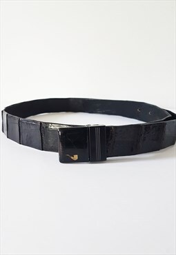 Black Leather Belt with Pipe Print Detail