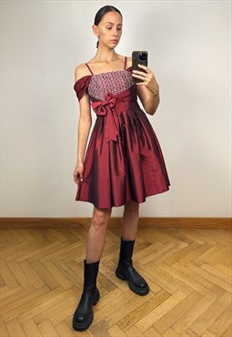 Vintage Burgundy Silky Taffeta Sleeveless Midi Dress