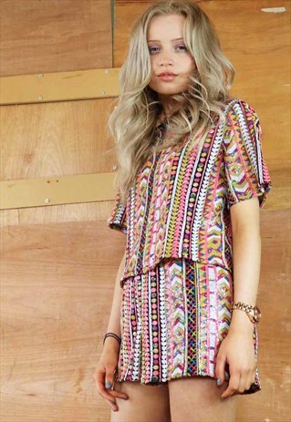 PINK AZTEC BLING SEQUIN SHORTS & TOP CO-ORDINATES