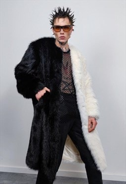 Long faux fur coat handmade fluffy luxury contrast trench 