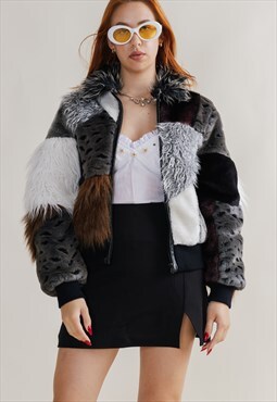 Vintage Y2k Fuzzy Patchwork Faux Fur Zip Up Jacket Women M
