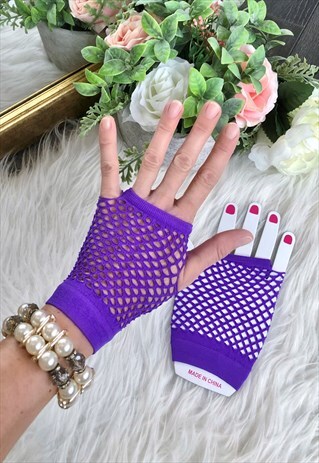 Purple Wrist High Fishnet Gloves