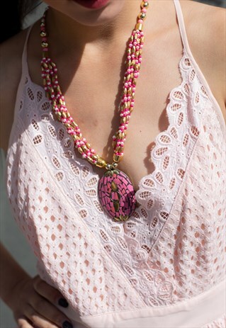 PINK BEADED NECKLACE WITH MOSAIC BRASS PENDANT