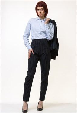 Vintage Striped Navy Suit Woman Trousers Blazer 5213
