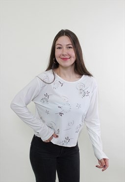 y2k white flowers blouse, vintage 00s pullover long sleeve 