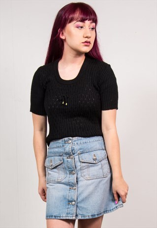 VINTAGE 70'S BLACK KNIT RIBBED ROUND NECK TOP