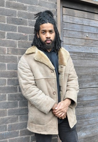 VTG 70S BEIGE SHEEPSKIN SHEARLING WOOL WINTER COAT