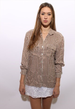 VINTAGE 80S SILK BUTTON DOWN SHIRT BROWN WHITE STRIPES S-M