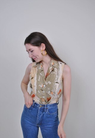 90S SLEEVELESS FLORAL BLOUSE, VINTAGE BEIGE BOHO FLOWERS TOP