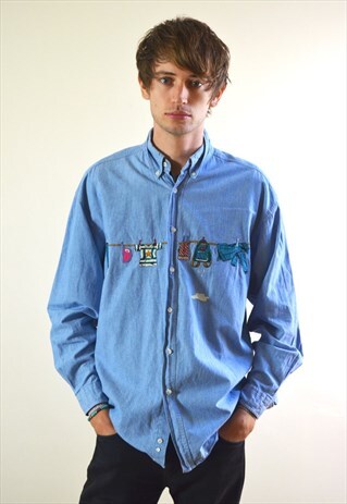 1991 VINTAGE ST MICHAEL BLUE EMBROIDERED SHIRT