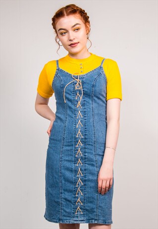 90'S Y2K VINTAGE LACE UP BLUE MIDI DENIM DRESS
