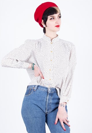 VINTAGE WHITE STAND-UP COLLAR BLOUSE TOP 80S