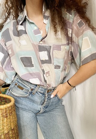 VINTAGE 80S MOD ABSTRACT PRINT HAUTE BOHEME BLOUSE TOP