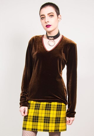VINTAGE 90'S BROWN VELVET V-NECK LONG SLEEVE TOP