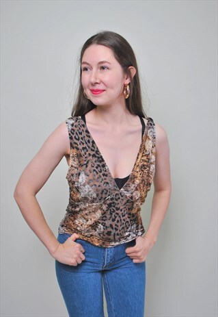 90S LEOPARD PRINT TOP, VINTAGE BLOUSE SLEEVELESS V NECK