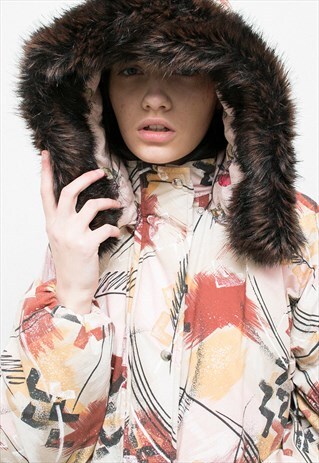 VINTAGE PUFFER JACKET PARKA FAUX FUR HOODED UNISEX