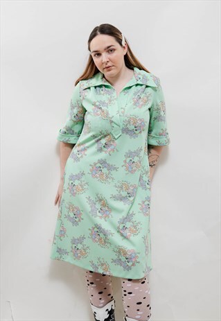 VINTAGE 60S EASTERN GREEN COLLARED MIDI DRESS WITH POCKETS