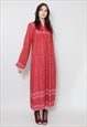 VINTAGE 70'S DRESS LADIES RED INDIAN COTTON FLORAL MIDI 