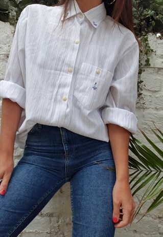 VINTAGE 80S COTTON WHITE STRIPE EMBROIDERED SHIRT