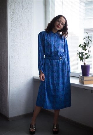 VINTAGE 80'S BLUE PATTERNED LONG SLEEVED DRESS