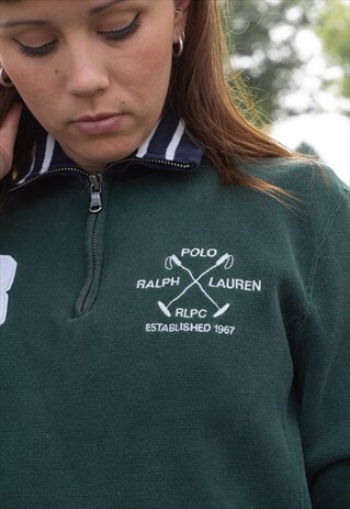 VINTAGE 90S POLO RALPH LAUREN QUARTER ZIP SWEATSHIRT GREEN