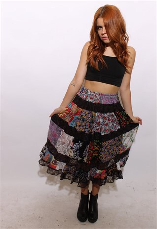 VINTAGE 1990'S 90'S GRUNGE PATCHWORK LACE SKIRT PRINTED S-M