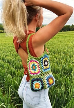 Green Handmade Crochet Shoulder Tote Bag For Summer Festival